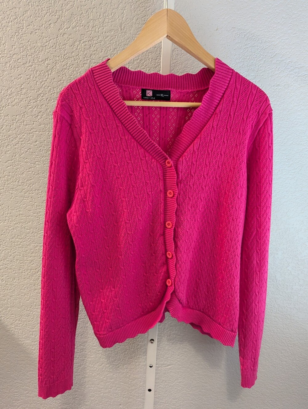 Kancy Kole Hot Pink Pointelle Cable Knit V-Neck Cardigan Size XL
